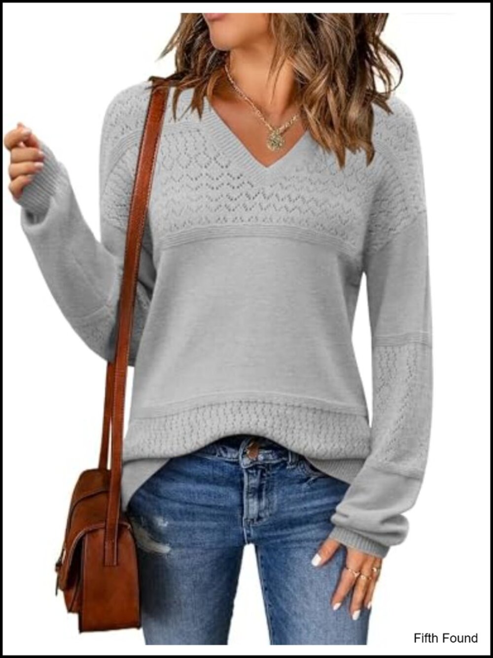 Women's V-Neck Crochet Knit Pullover Sweater Loose Fit